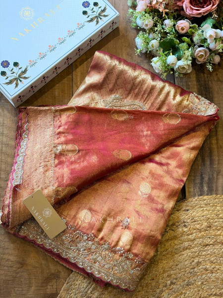 Trivana  Onion Pink Gold Brocade Saree with Cut Dana and Sequin Work