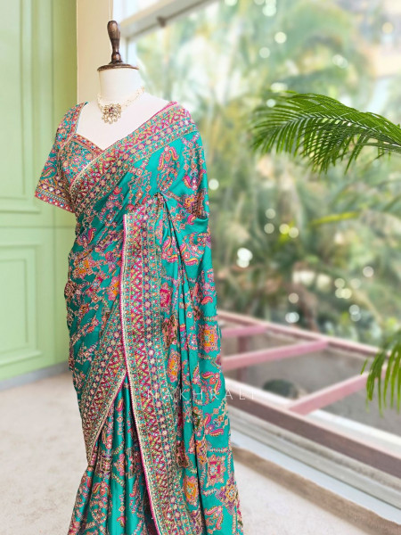 Rukmini Green Saree with Readymade Blouse