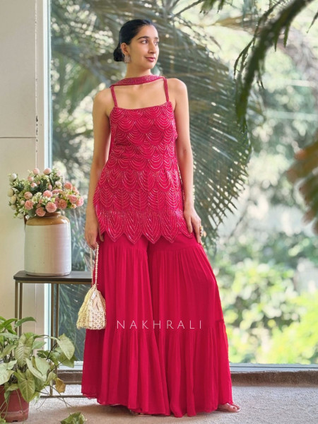 Royal Aura Magenta Gharara Set with Pearl and Cutdana Work