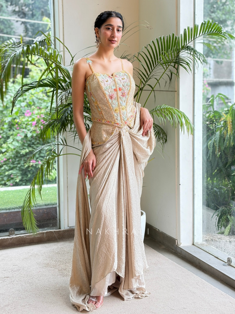 Image of Corvessa Cream Georgette-Satin Blend Pre-Draped Saree With Floral Embroidered Corset