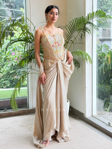 Corvessa Cream Georgette-Satin Blend Pre-Draped Saree With Floral Embroidered Corset
