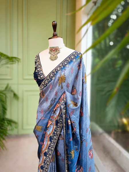 Meira Ocean Blue Printed Saree with Gota Embroidery