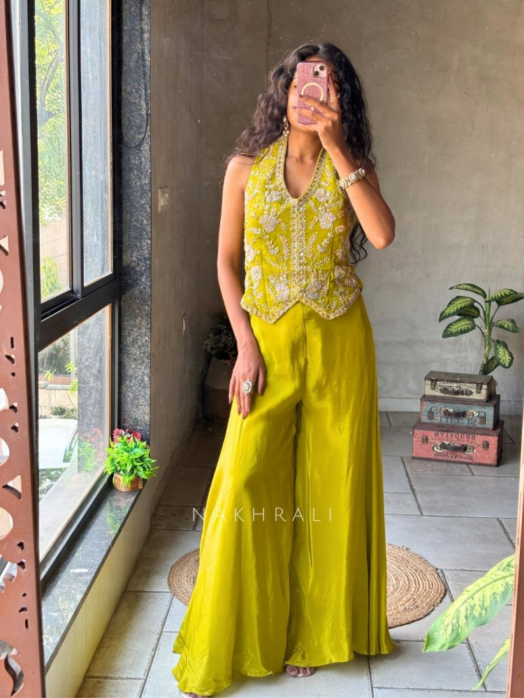 Image of Kriyara Parrot Green Indo-Western Palazzo Set with Embroidered Jacket