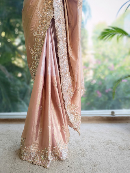 Elysian Glow Pink Tissue Dola Silk Saree with Zardozi Embroidery