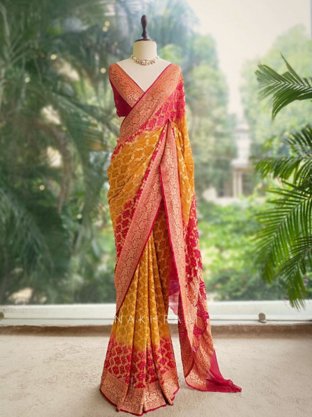 Gulaal Maroon Yellow Bandhani Silk Saree with Zari Border