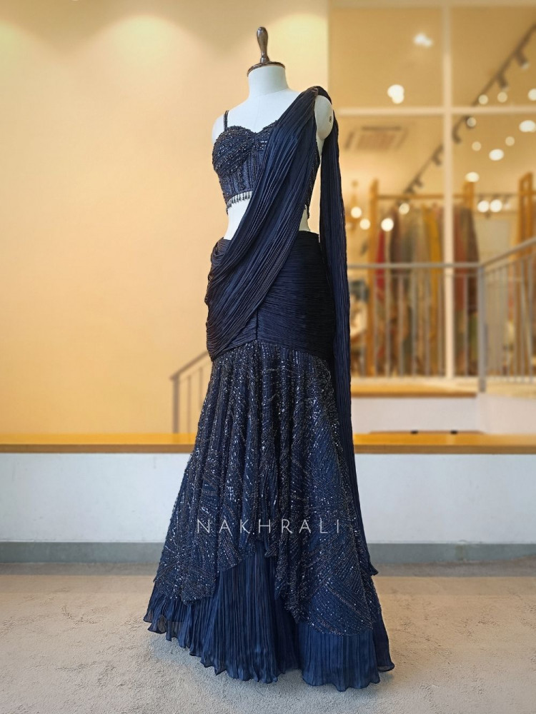 Image of Shailja Blue Georgette Pre-Draped Saree Set with Sequin Bustier