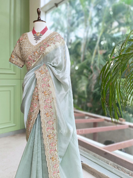 Osh Sky Blue Metallic Tissue Silk Saree with Readymade Blouse
