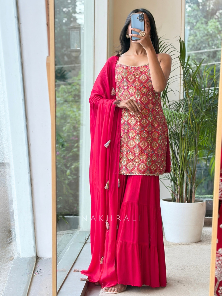 Image of Heera Bottle Magenta Banarasi Brocade &amp; Crushed Georgette Palazzo Suit Set