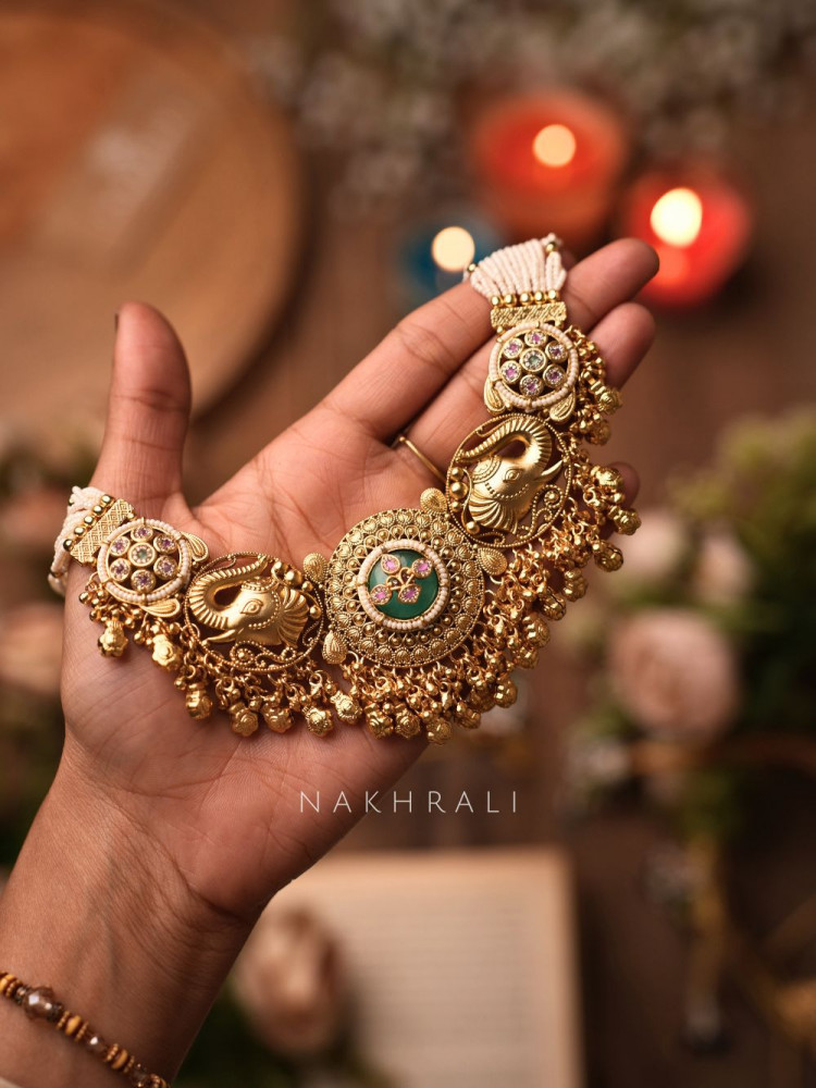 Image of Devika Green Temple Choker Set with Matching Jhumkas