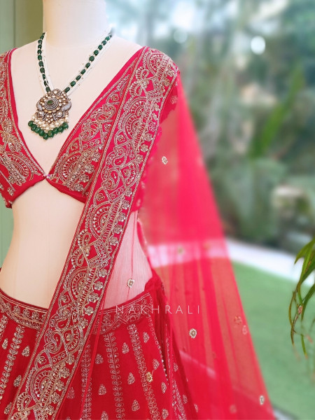 Kimkhab Red Gajji Silk Unstitched Bridal Lehenga