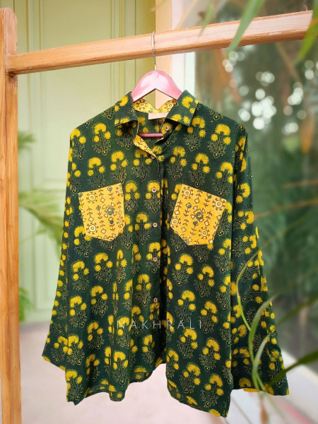 Banjara Green Cotton Oversized Shirt with Dandelion Inspired Print