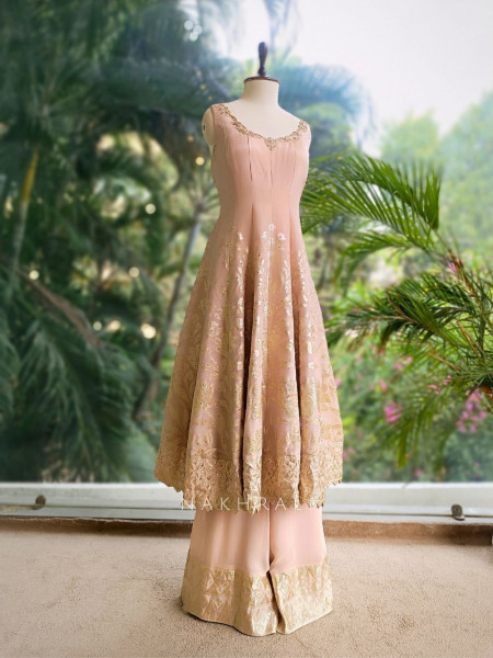 Aashima Peach Banarasi Anarkali Palazzo Set