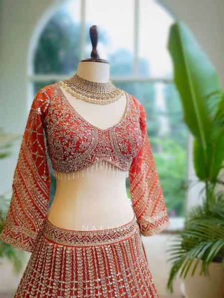 Kaira Orange Mirror Work Silk Lehenga