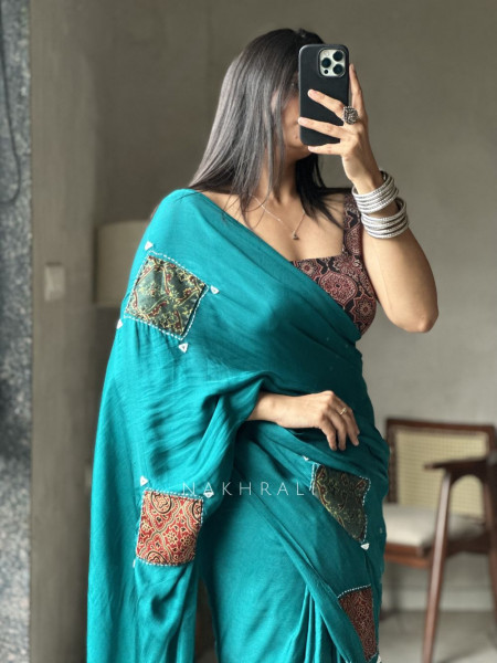 Kasha Green Patchwork Zari Weave Saree with Running Blouse Piece