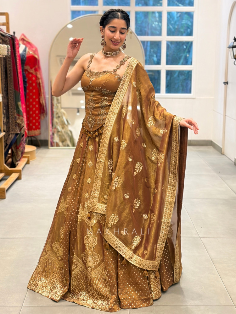 Image of Surmayi Brown Tissue Silk Indo-Western Lehenga