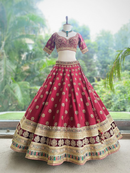 Gulaal Durbar Maroon Raw Silk Lehenga Set  With Zardozi Floral & Meenakari Border Work