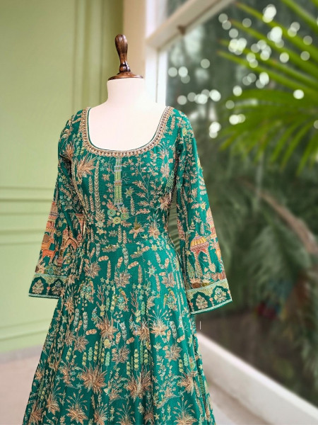 Aadhira Emerald Green Anarkali with Cut Dana and Sequin Zari Work