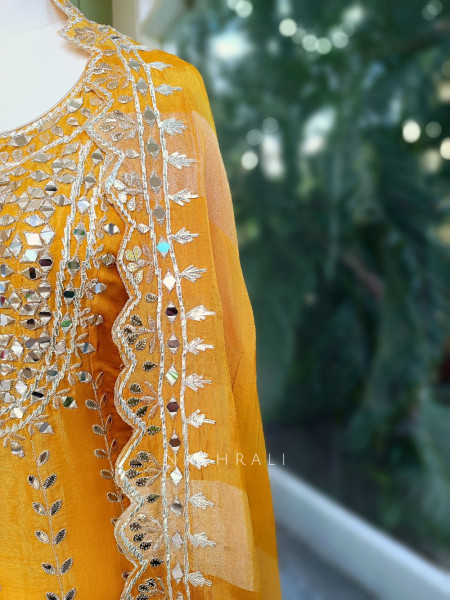 Tanira Mustard Mirror Work Anarkali Set with Embroidered Dupatta