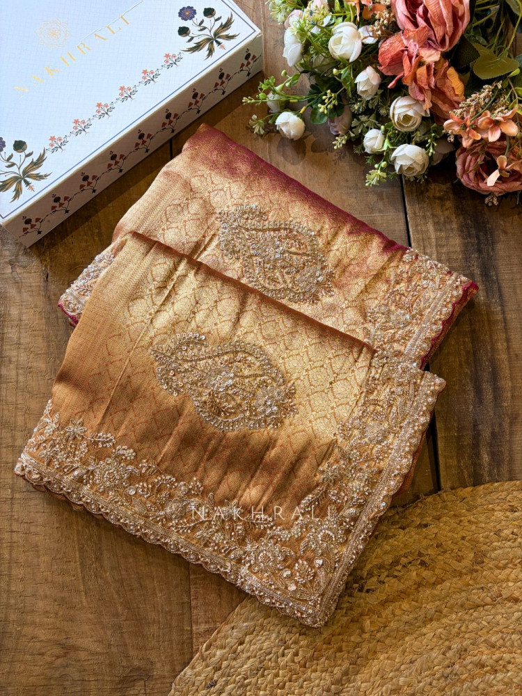 Image of Trivana  Golden Brocade Saree with Cut Dana and Sequin Work