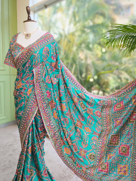 Rukmini Green Saree with Readymade Blouse