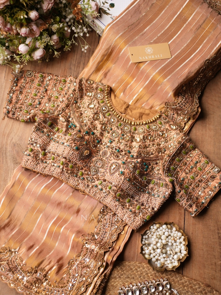 Image of Amber Mosaic Golden Chanderi Silk Tissue  Saree with Readymade Blouse