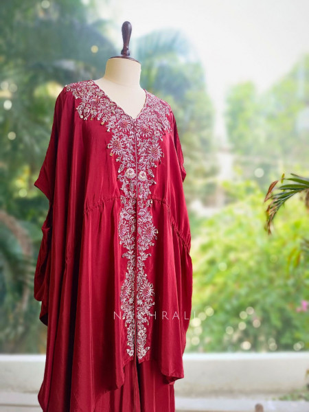 Elegant Embroidered Red Kaftan & Palazzo Set