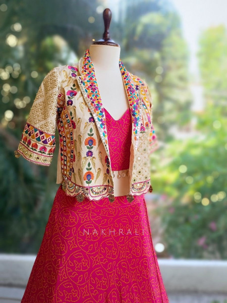 Aarika Pink Crop Top Skirt Set with Embroidered Jacket