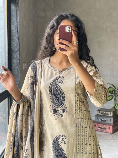 Rangini Black Cotton Suit Set with Paisley Print