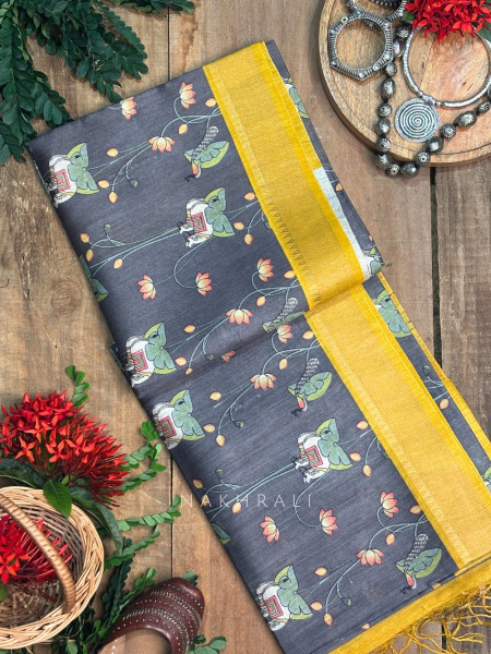 Chitrawali Black Tussar Silk Saree with Pichwai Art