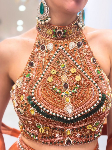 Kairava Rust Zari and Bead Embellished Lehenga Set