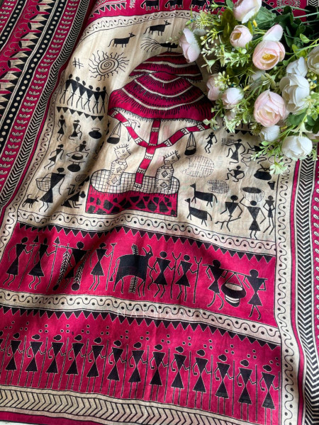 Cavira Beige Dress Material with Tribal Art Print