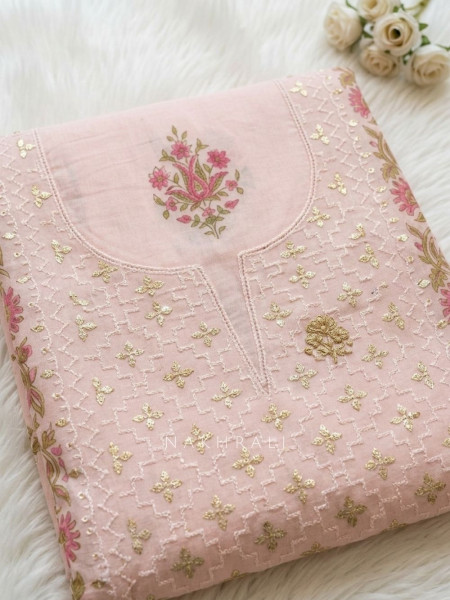 Maristelle Pink Floral Printed Dress Material with Embroidered Yoke