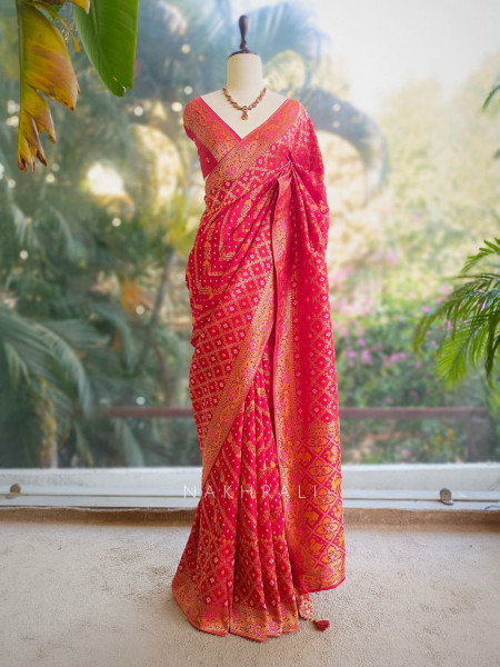 Solvara Red Bandhani Saree with Traditional Border