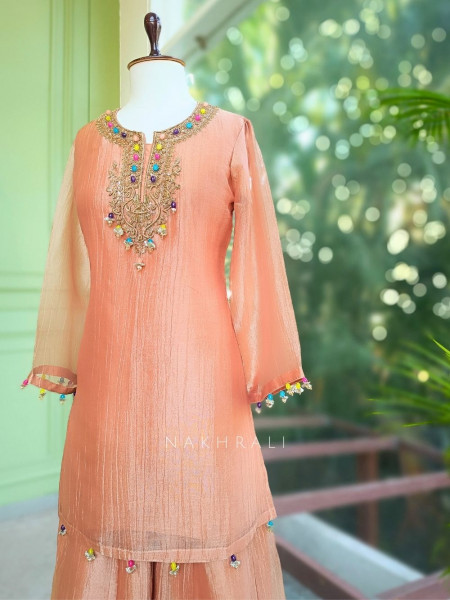 Meherza Peach Embroidered Kurta Sharara Set with Dupatta