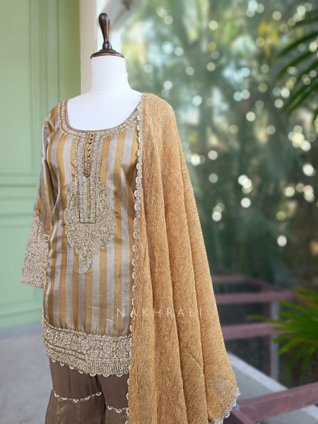 Swarn Lata Brown Suit Set with Zari and Beads Work