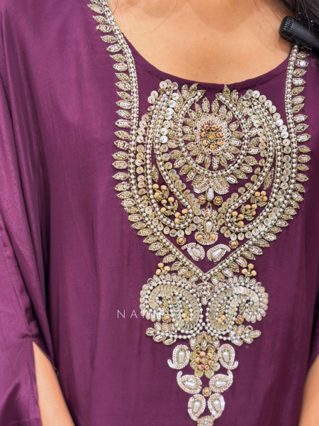 Suranjana Purple Kaftan Set with Sequin and Cut Dana Neck Yoke Work