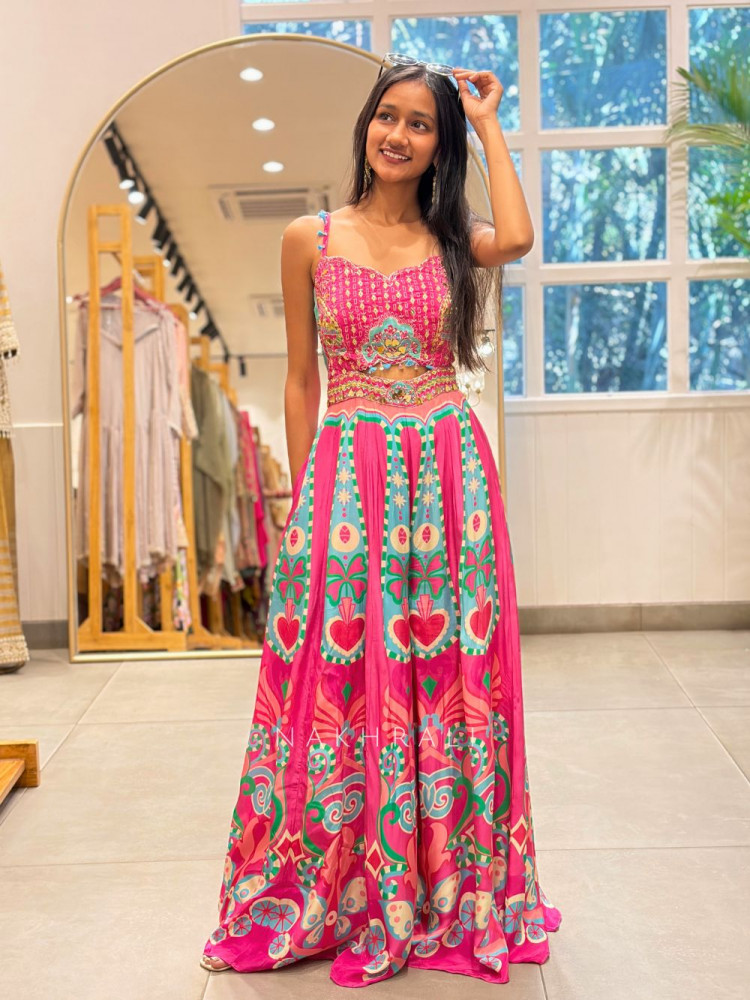 Image of Soraya Magenta Printed Jumpsuit with Beads Sequin Work