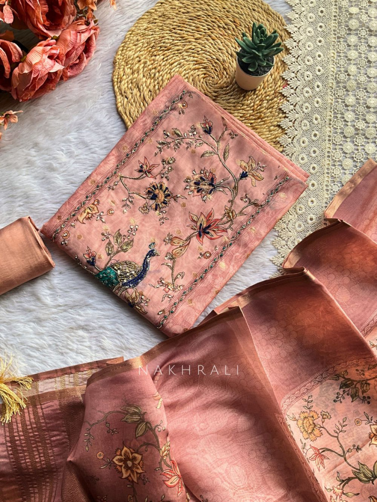 Image of Vihara Peach Floral Printed Dress Material with Zari Thread Work