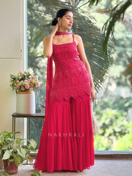 Royal Aura Magenta Gharara Set with Pearl and Cutdana Work