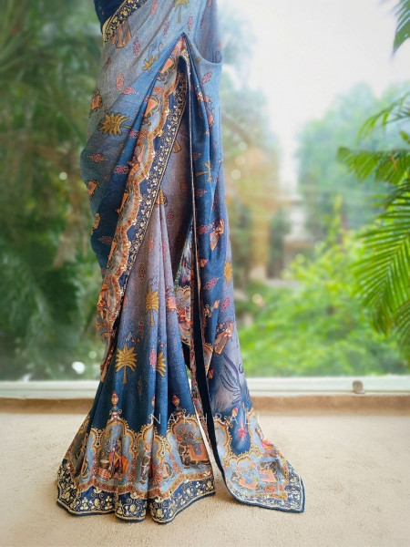 Meira Ocean Blue Printed Saree with Gota Embroidery