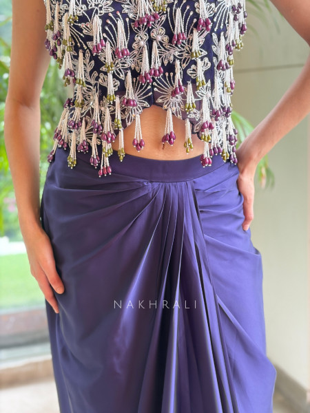 Fringe Fusion Blue Drape Skirt Crop Top Set