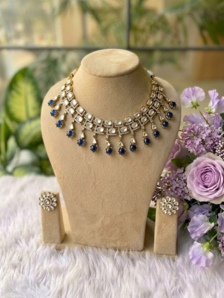 Rivanya Navy Blue Necklace Set With Crystal and Drop Stone Detail