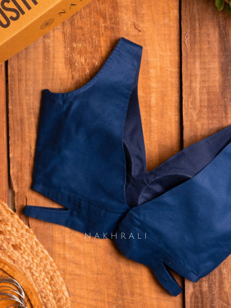 Bombshell Navy Blue Readymade Blouse with V-Neckline
