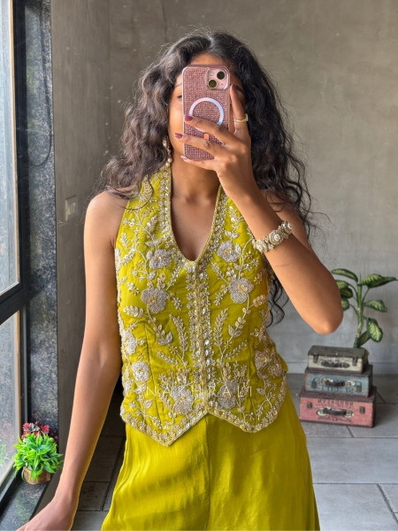 Kriyara Parrot Green Indo-Western Palazzo Set with Embroidered Jacket