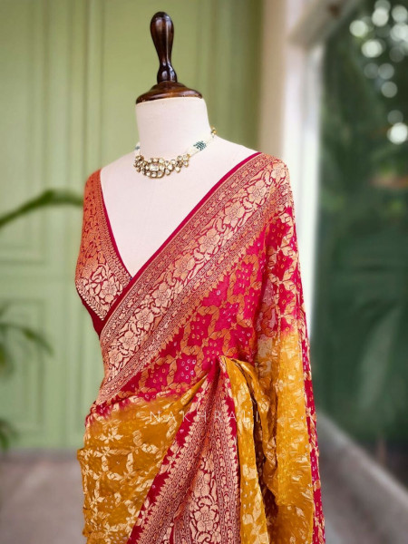 Gulaal Maroon Yellow Bandhani Silk Saree with Zari Border