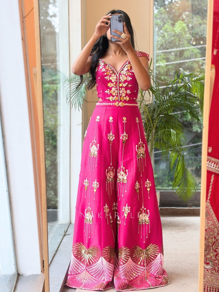 Image of Viana Tassel Magenta Raw Silk Blend Indo-Western Jumpsuit