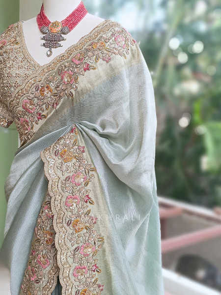 Osh Sky Blue Metallic Tissue Silk Saree with Readymade Blouse