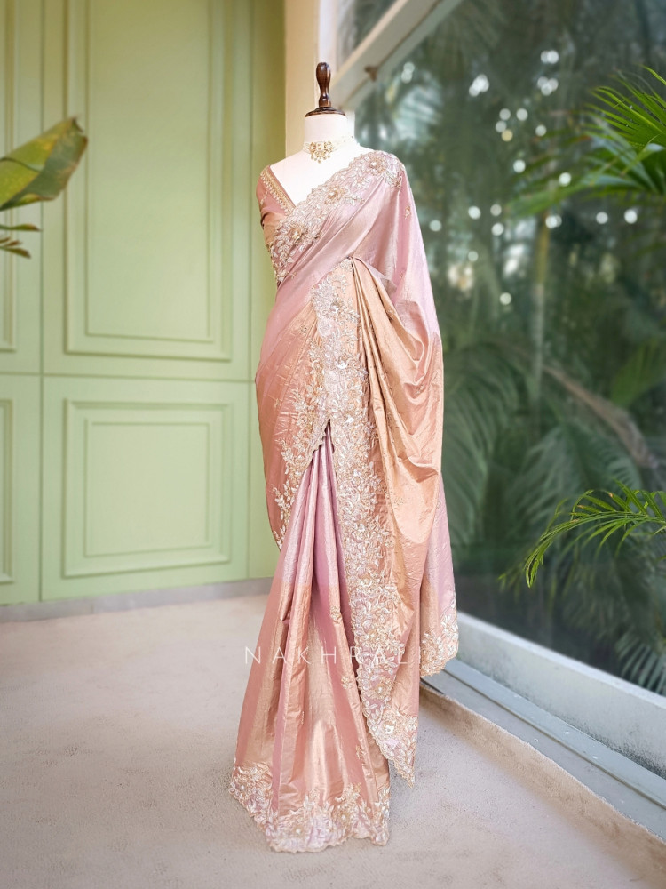 Image of Blush Pink Tissue Dola Silk Saree with Zardozi Border Work