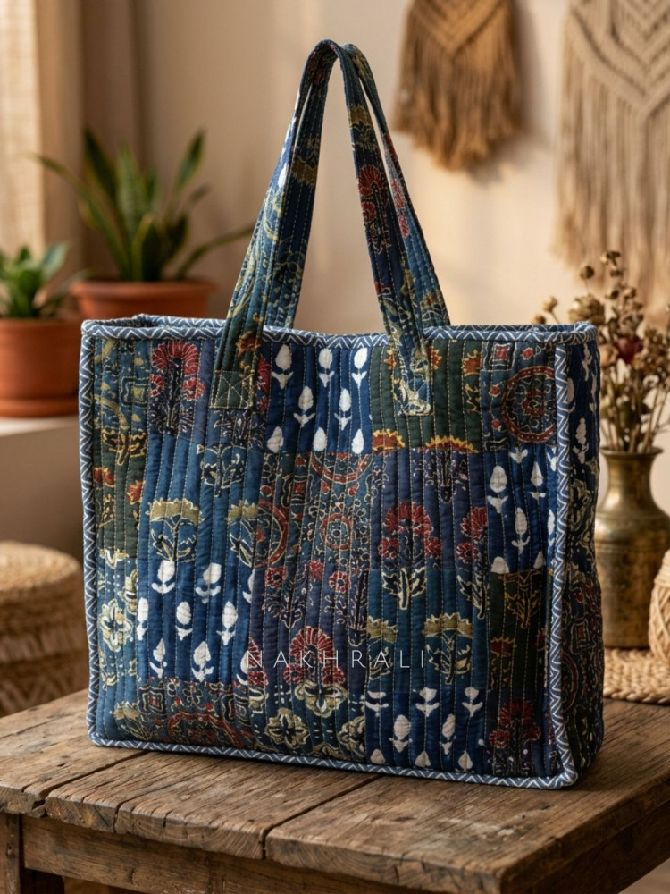 Image of Sangam Blue Printed Zip Tote Bag