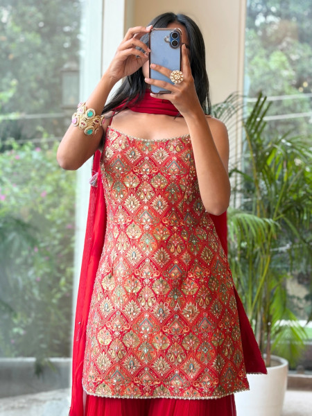 Heera Bottle Red Banarasi Brocade & Crushed Georgette Palazzo Suit Set